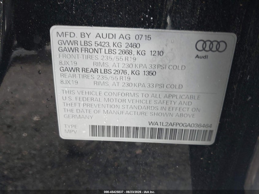 2016 Audi Q5 VIN WA1L2AFP0GA036464 IAAI salvage auction — NORMAL WEAR, Clear (New Jersey), sold $1,250 on 2026-07-29 (photo 9)