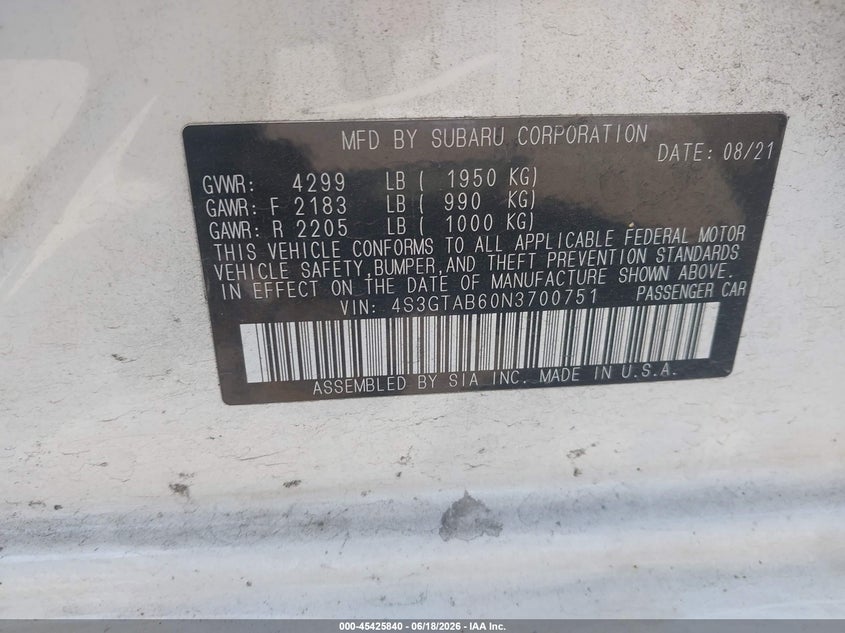2022 Subaru Impreza VIN 4S3GTAB60N3700751 IAAI salvage auction — RIGHT REAR, Salvage Title, sold $4,375 on 2026-07-22 (photo 9)