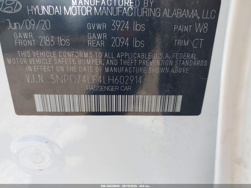 2020 Hyundai Elantra VIN 5NPD74LF4LH602914 IAAI salvage auction — REAR END, Sf97 (California), sold $9,100 on 2026-07-29 (photo 9)