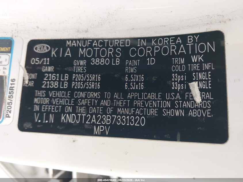 2011 Kia Soul VIN KNDJT2A23B7331320 IAAI salvage auction — ROLLOVER, Salvage (California), sold $225 on 2026-07-15 (photo 9)