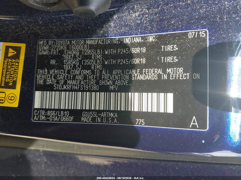 2015 Toyota Highlander VIN 5TDJKRFH4FS191380 IAAI salvage auction — TRANSMISSION, Salvage (Rhode Island), sold $5,500 on 2026-07-28 (photo 9)
