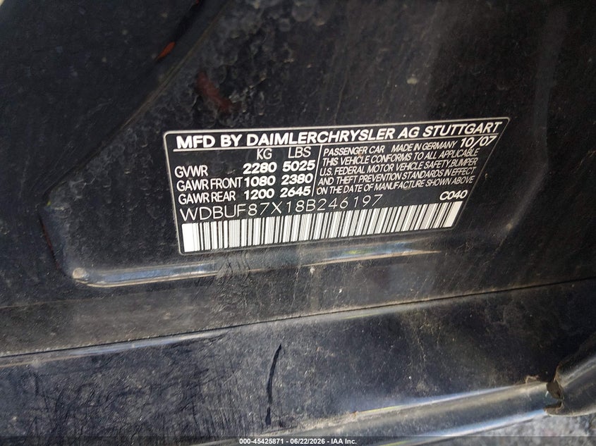 2008 Mercedes-benz E-class VIN WDBUF87X18B246197 IAAI salvage auction — LEFT FRONT, Clear (Minnesota), sold $325 on 2026-07-29 (photo 9)
