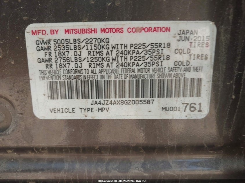 2016 Mitsubishi Outlander VIN JA4JZ4AX8GZ005587 IAAI salvage auction — FRONT END, Junk Bill Of Sale Mv2459 (Wisconsin), sold $375 on 2026-07-22 (photo 9)