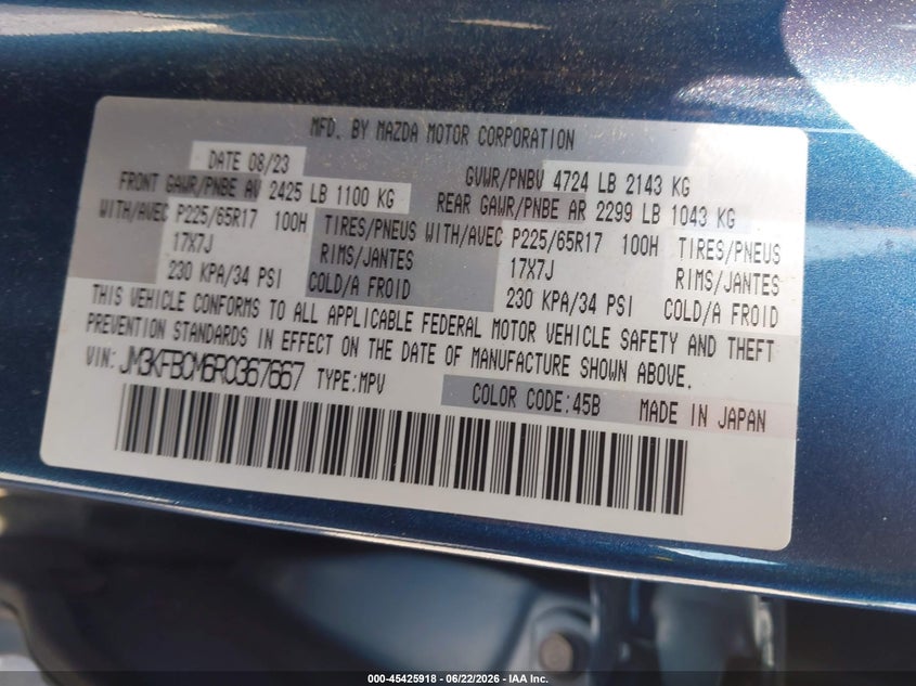 2024 Mazda Cx-5 VIN JM3KFBCM6R0367667 IAAI salvage auction — RIGHT FRONT, Salvage Title, sold $5,100 on 2026-07-29 (photo 9)