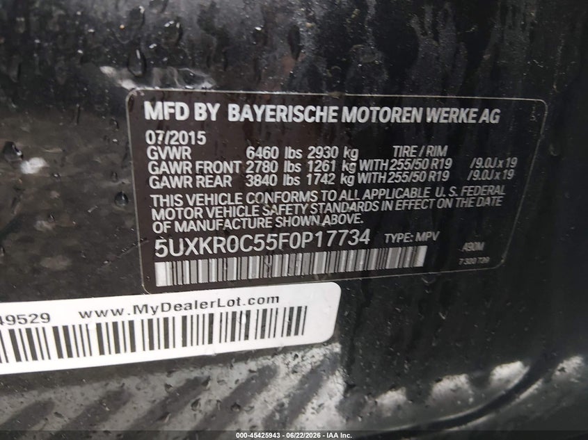 2015 BMW X5 VIN 5UXKR0C55F0P17734 IAAI salvage auction — FRONT END, Salvage Title, sold $1,800 on 2026-07-22 (photo 9)