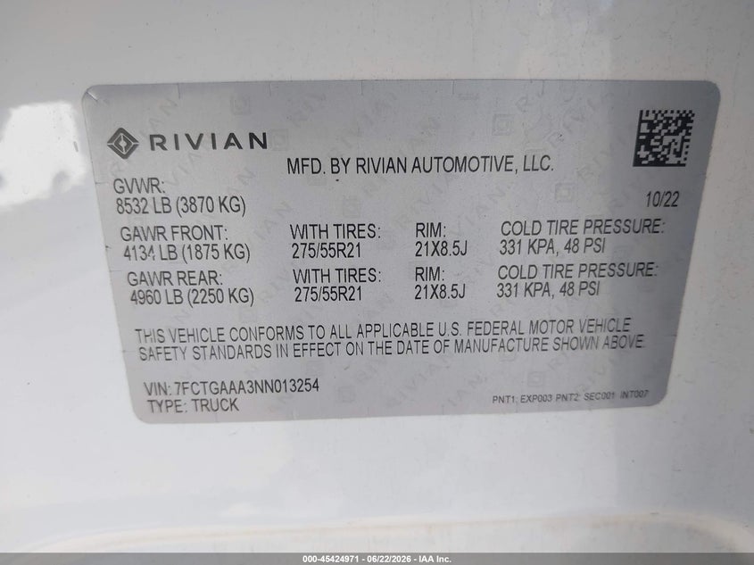 2022 Rivian R1t VIN 7FCTGAAA3NN013254 IAAI salvage auction — REAR END, Salvage (California), sold $23,550 on 2026-07-25 (photo 9)