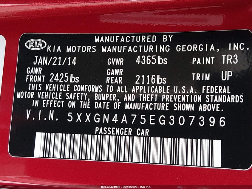 2014 Kia Optima VIN 5XXGN4A75EG307396 IAAI salvage auction — REAR END, Salvage (California), sold $1,050 on 2026-07-06 (photo 9)