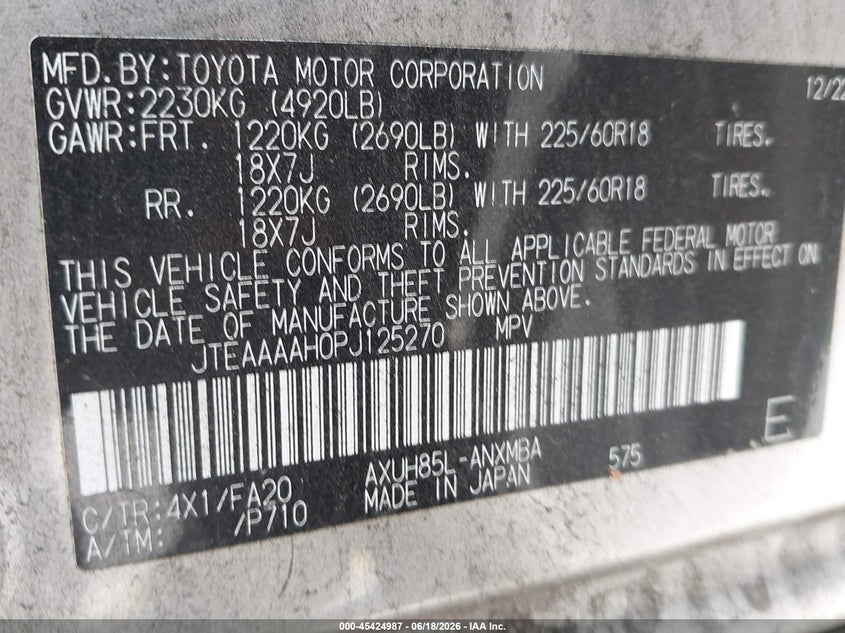 2023 Toyota Venza VIN JTEAAAAH0PJ125270 IAAI salvage auction — FRONT END, Salvage (California), sold $7,825 on 2026-07-20 (photo 9)