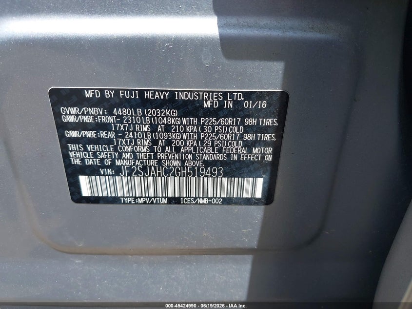 2016 Subaru Forester VIN JF2SJAHC2GH519493 IAAI salvage auction — FRONT END, Salvage Title, sold $925 on 2026-07-16 (photo 9)