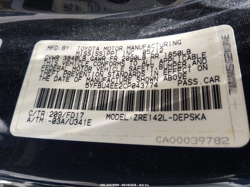 2012 Toyota Corolla VIN 5YFBU4EE2CP043774 IAAI salvage auction — FRONT END, Original (Kentucky), sold $825 on 2026-07-31 (photo 9)