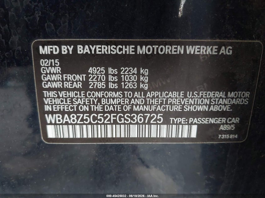 2015 BMW 3 series VIN WBA8Z5C52FGS36725 IAAI salvage auction — NORMAL WEAR, Clear (New York), sold $825 on 2026-07-16 (photo 9)