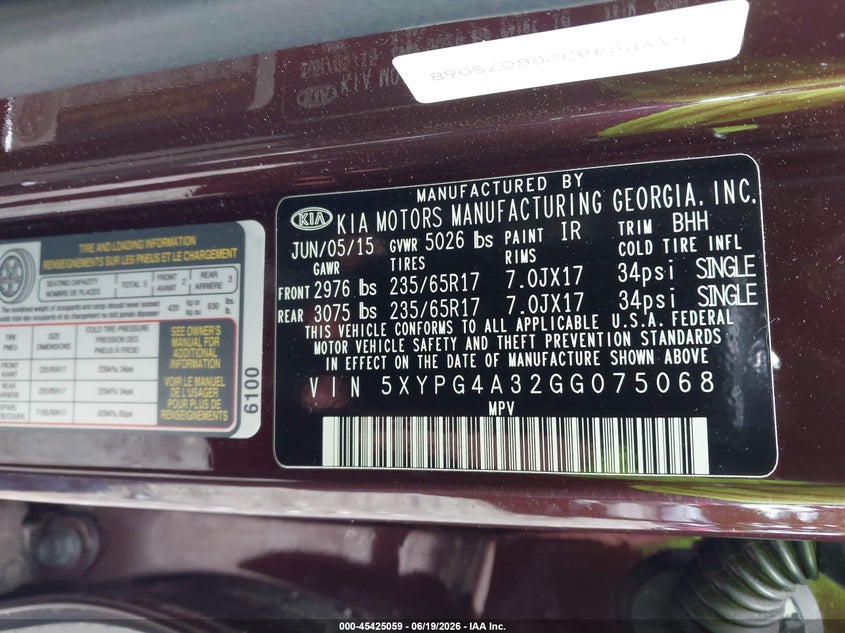 2016 Kia Sorento VIN 5XYPG4A32GG075068 IAAI salvage auction — FRONT END, Salvage (Georgia), sold $1,225 on 2026-07-31 (photo 9)