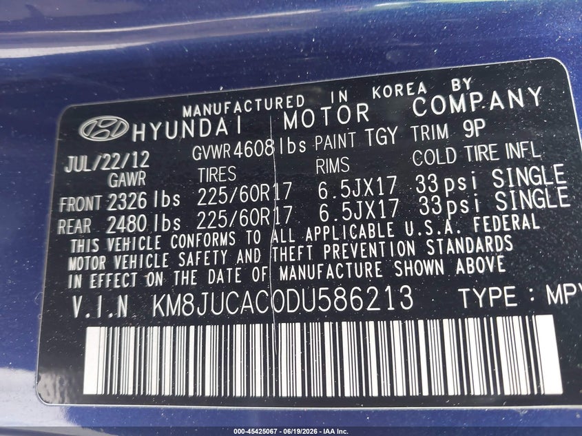 2013 Hyundai Tucson VIN KM8JUCAC0DU586213 IAAI salvage auction — NORMAL WEAR, Clear (Massachusetts), sold $1,700 on 2026-07-17 (photo 9)