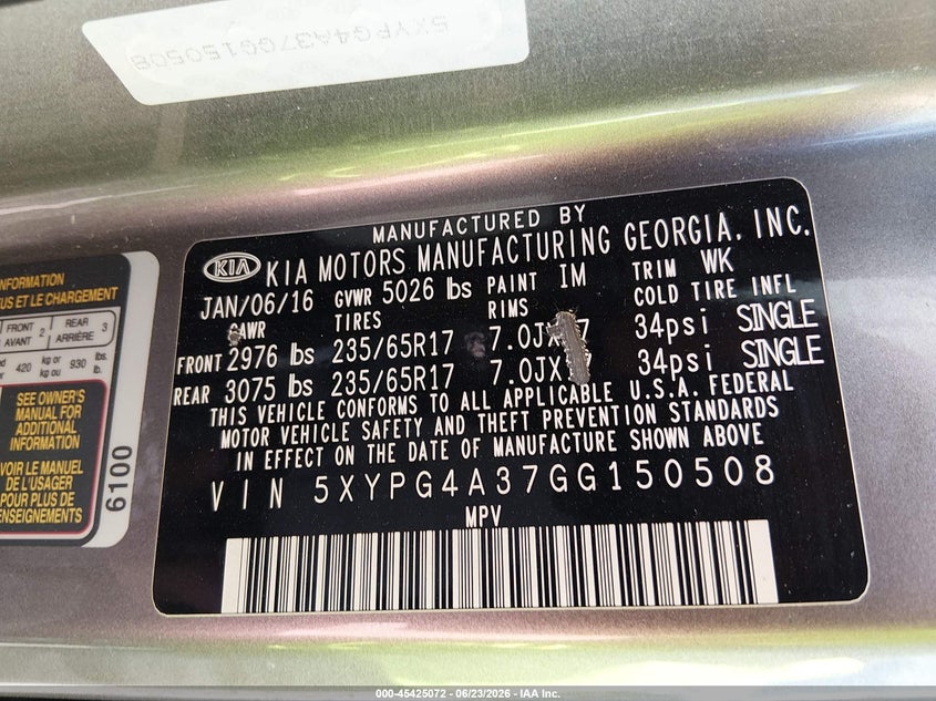 2016 Kia Sorento VIN 5XYPG4A37GG150508 IAAI salvage auction — FRONT END, Salvage Title, sold $550 on 2026-07-22 (photo 9)