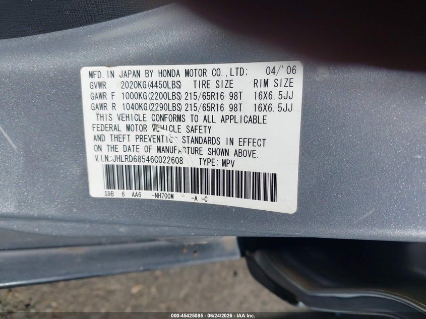 2006 Honda Cr-v VIN JHLRD68546C022608 IAAI salvage auction — REAR END, Salvage (North Carolina), sold $825 on 2026-07-16 (photo 9)