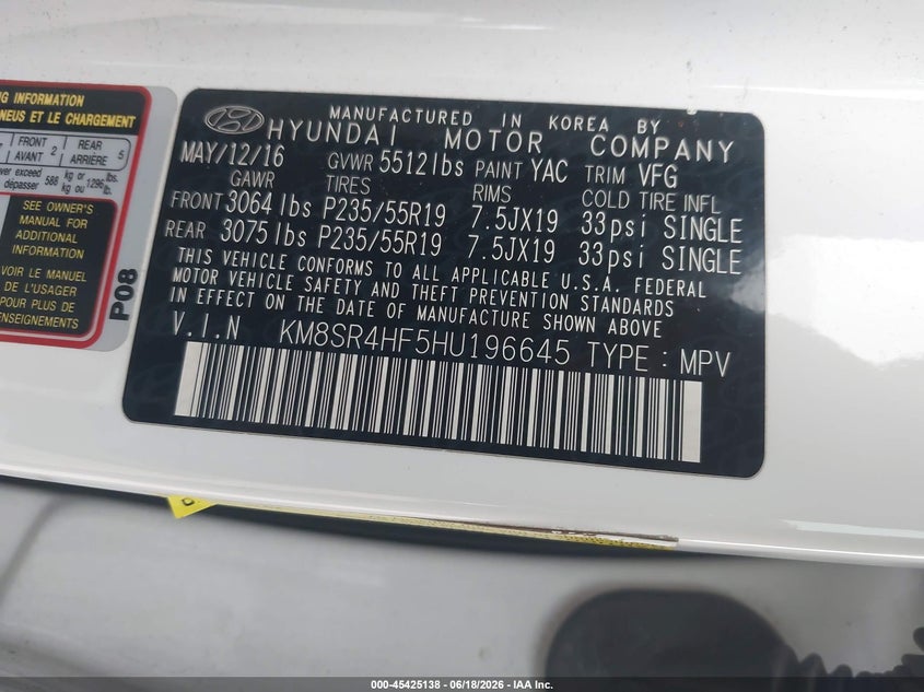 2017 Hyundai Santa fe VIN KM8SR4HF5HU196645 IAAI salvage auction — NORMAL WEAR, Clear - Dealer Only (California), sold $4,000 on 2026-07-07 (photo 9)