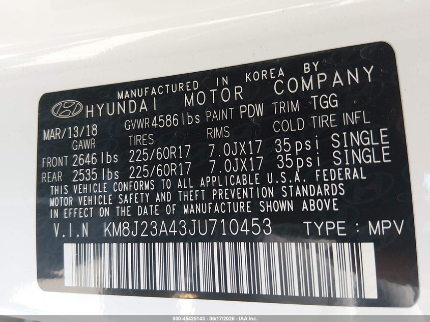 2018 Hyundai Tucson VIN KM8J23A43JU710453 IAAI salvage auction — FRONT END, SF97 (California), sold $3,050 on 2026-07-29 (photo 9)
