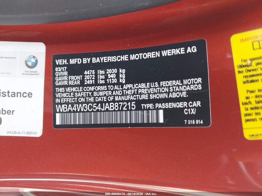 2018 BMW 4er VIN WBA4W3C54JAB87215 IAAI salvage auction — FRONT END, Rebuildable (Florida), sold $4,650 on 2026-07-28 (photo 9)