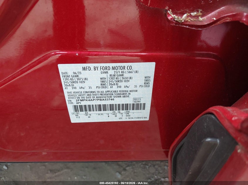 2023 Ford Edge VIN 2FMPK4AP7PBA53746 IAAI salvage auction — FRONT END, Salvage Title, sold $11,300 on 2026-08-19 (photo 9)