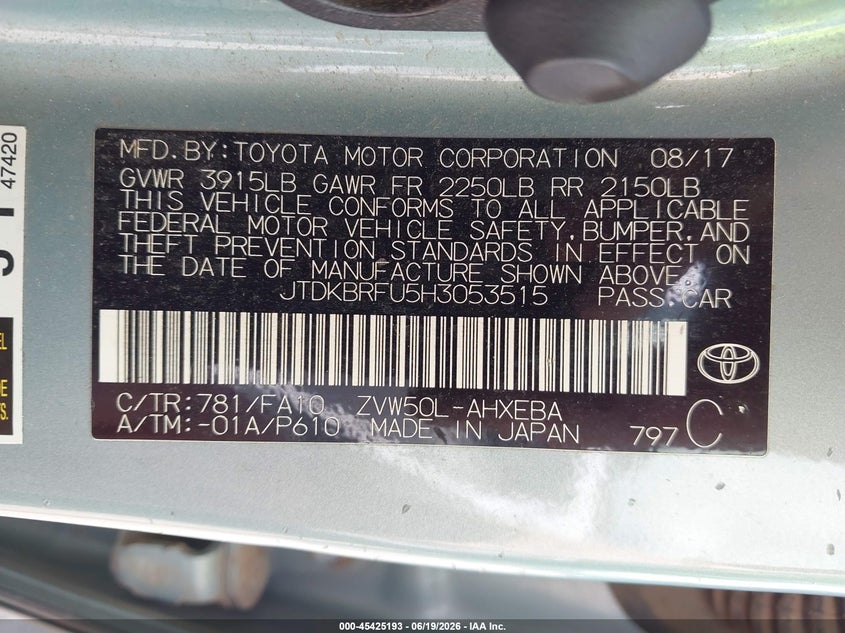 2017 Toyota Prius VIN JTDKBRFU5H3053515 IAAI salvage auction — RIGHT FRONT, Junk Bill Of Sale Mv2459 (Wisconsin), sold $2,975 on 2026-07-16 (photo 9)