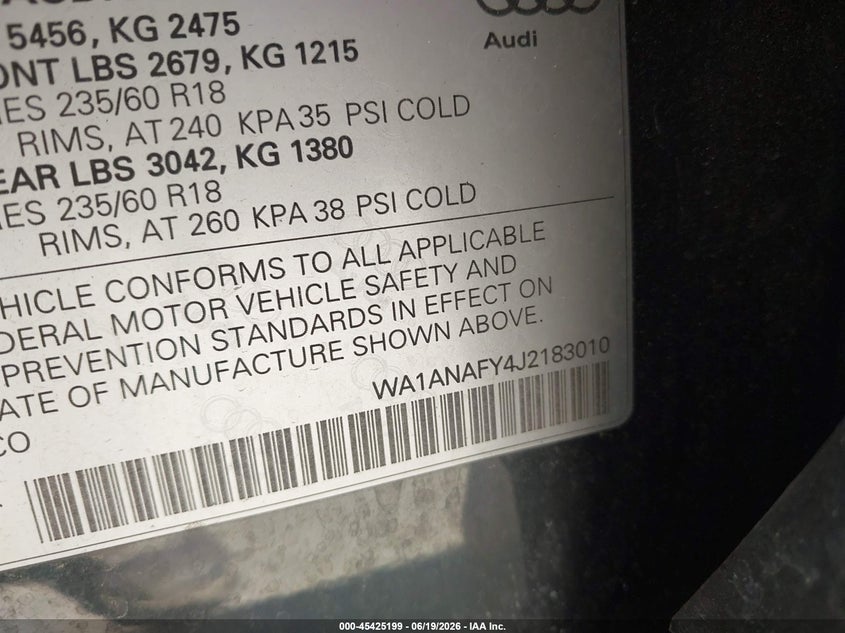 2018 Audi Q5 VIN WA1ANAFY4J2183010 IAAI salvage auction — NORMAL WEAR, Salvage (California), sold $1,350 on 2026-07-21 (photo 9)