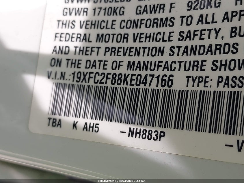 2019 Honda Civic VIN 19XFC2F88KE047166 IAAI salvage auction — REAR END, Original (Texas), sold $7,575 on 2026-08-21 (photo 9)
