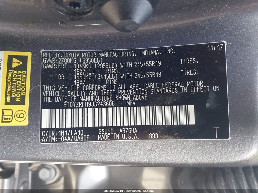 2018 Toyota Highlander VIN 5TDYZRFH9JS243606 IAAI salvage auction — SIDE, Salvage Title, sold $6,900 on 2026-07-31 (photo 9)
