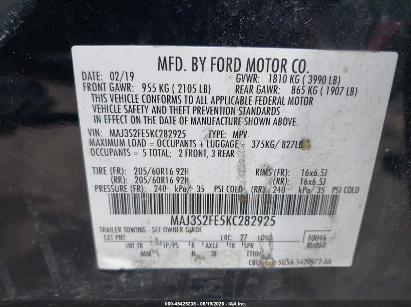 2019 Ford Ecosport VIN MAJ3S2FE5KC282925 IAAI salvage auction — REAR END, Salvage - Greater Than 75% (Maryland), sold $1,425 on 2026-07-16 (photo 9)