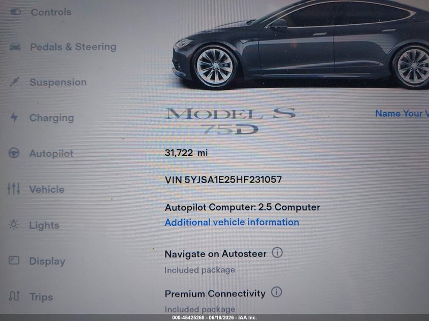 2017 Tesla Model s VIN 5YJSA1E25HF231057 IAAI salvage auction — SIDE, Bill Of Sale (Washington), sold $13,500 on 2026-07-08 (photo 7)
