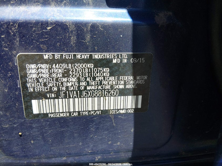 2016 Subaru Wrx VIN JF1VA1J6XG8816260 IAAI salvage auction — RIGHT REAR, Salvage Title, sold $1,250 on 2026-07-24 (photo 9)