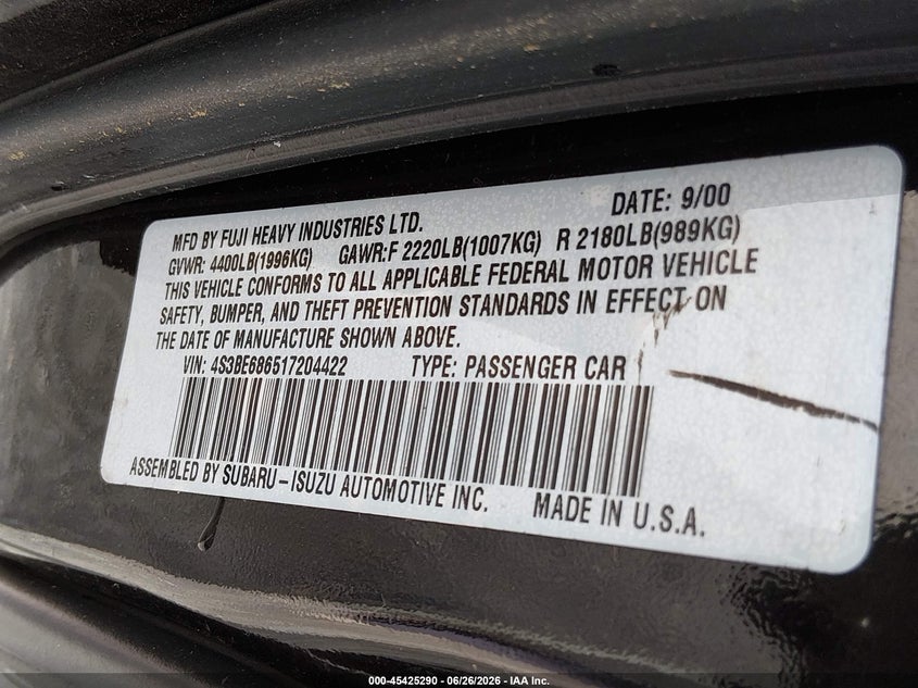 2001 Subaru Outback VIN 4S3BE686517204422 IAAI salvage auction — NORMAL WEAR, Clear (Washington), sold $1,000 on 2026-07-08 (photo 9)
