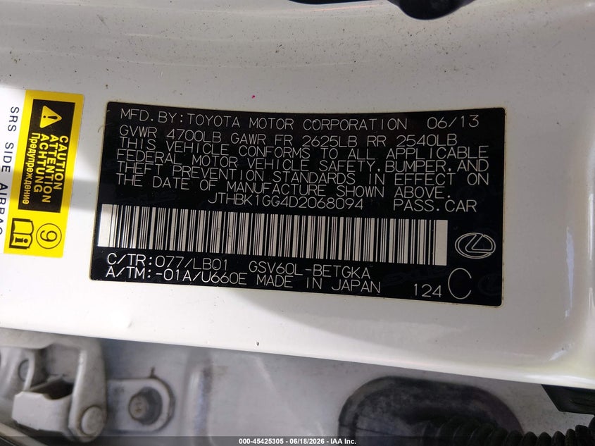 2013 Lexus ES VIN JTHBK1GG4D2068094 IAAI salvage auction — FRONT END, Salvage (Georgia), sold $1,300 on 2026-07-22 (photo 9)