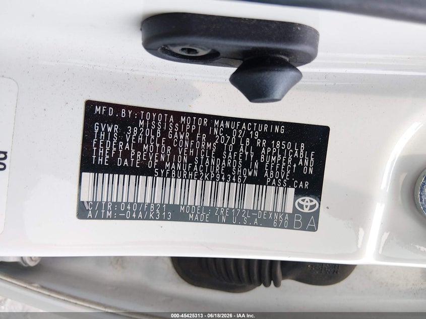 2019 Toyota Corolla VIN 5YFBURHE2KP943467 IAAI salvage auction — LEFT FRONT, Rebuildable (Florida), sold $25 on 2026-07-30 (photo 9)