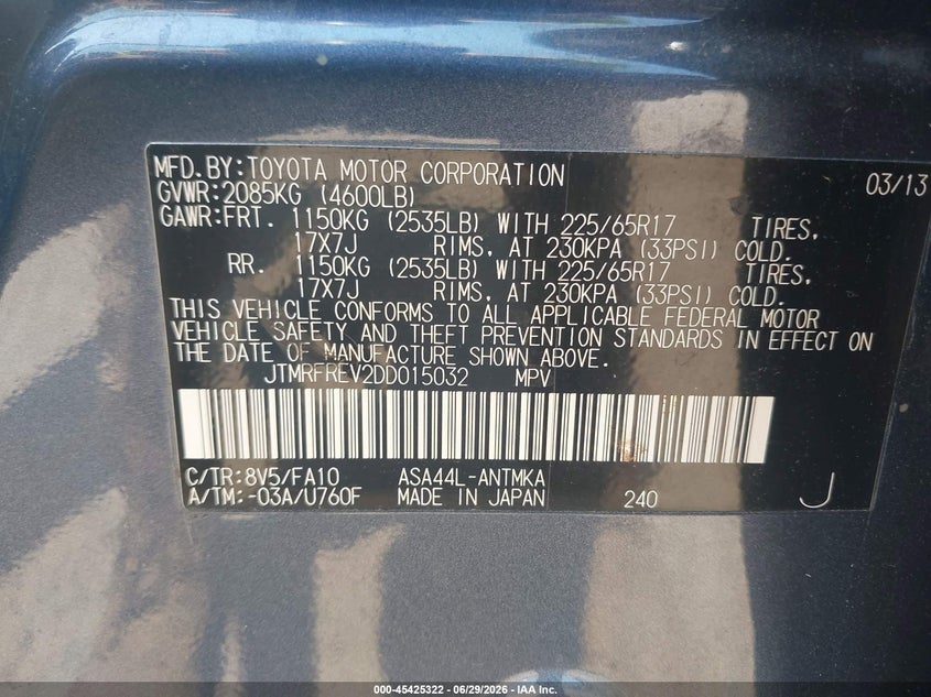 2013 Toyota Rav 4 VIN JTMRFREV2DD015032 IAAI salvage auction — FRONT END, Clear (Massachusetts), sold $5,800 on 2026-08-01 (photo 9)
