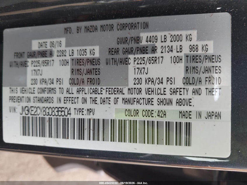 2016 Mazda Cx-5 VIN JM3KE2CY8G0836504 IAAI salvage auction — NORMAL WEAR, Salvage (California), sold $1,300 on 2026-07-29 (photo 9)