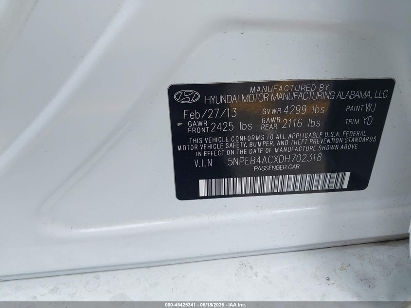 2013 Hyundai Sonata VIN 5NPEB4ACXDH702318 IAAI salvage auction — NORMAL WEAR, Clear (Florida), sold $875 on 2026-07-06 (photo 9)