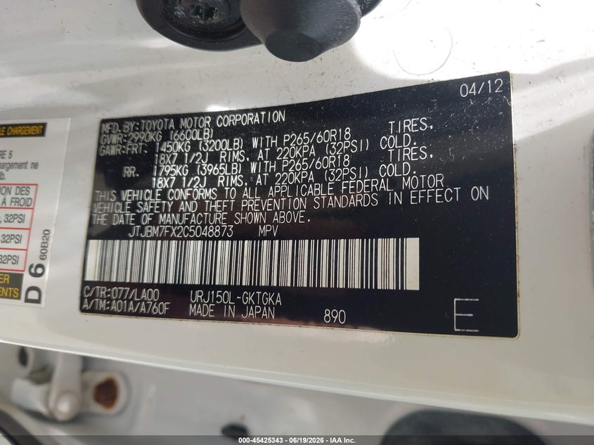 2012 Lexus Gx VIN JTJBM7FX2C5048873 IAAI salvage auction — FRONT END, Wait Title, sold $10,600 on 2026-08-25 (photo 9)