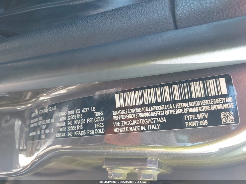 2016 Jeep Renegade VIN ZACCJADT0GPC77434 IAAI salvage auction — HAIL, Salvage Title, sold $1,400 on 2026-08-04 (photo 9)
