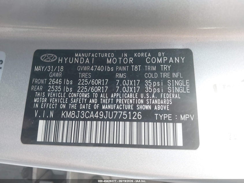 2018 Hyundai Tucson VIN KM8J3CA49JU775126 IAAI salvage auction — FRONT & REAR, Salvage Title, sold $5,000 on 2026-07-23 (photo 9)