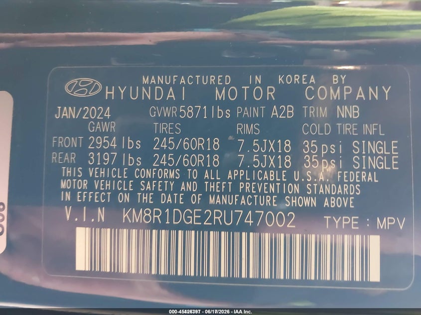 2024 Hyundai Palisade VIN KM8R1DGE2RU747002 IAAI salvage auction — REAR END, Sf97 (Michigan), sold $13,300 on 2026-07-14 (photo 9)