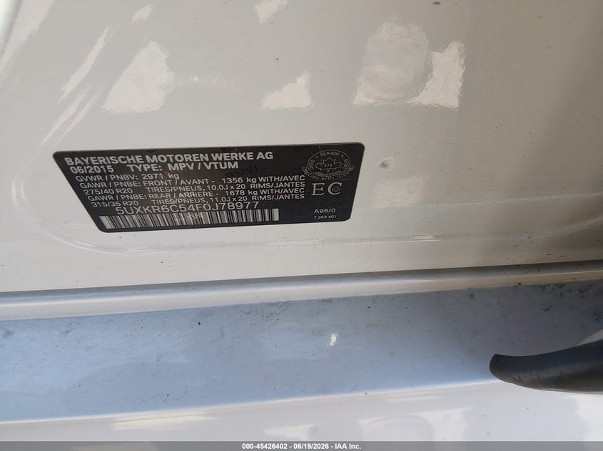 2015 BMW X5 VIN 5UXKR6C54F0J78977 IAAI salvage auction — NORMAL WEAR, Clear (Colorado), sold $1,650 on 2026-07-21 (photo 9)