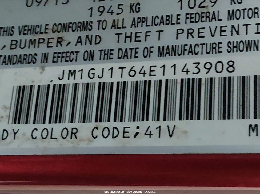 2014 Mazda 6 VIN JM1GJ1T64E1143908 IAAI salvage auction — NORMAL WEAR, Clear (Montana), sold $1,650 on 2026-07-13 (photo 9)
