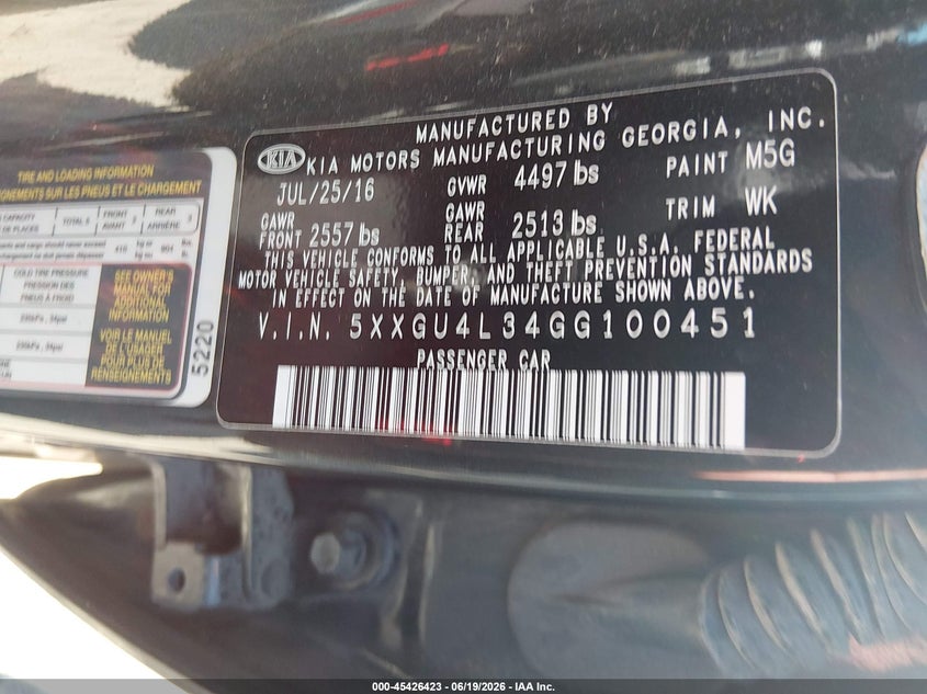 2016 Kia Optima VIN 5XXGU4L34GG100451 IAAI salvage auction — LEFT FRONT, Salvage (Ohio), sold $1,400 on 2026-07-28 (photo 9)