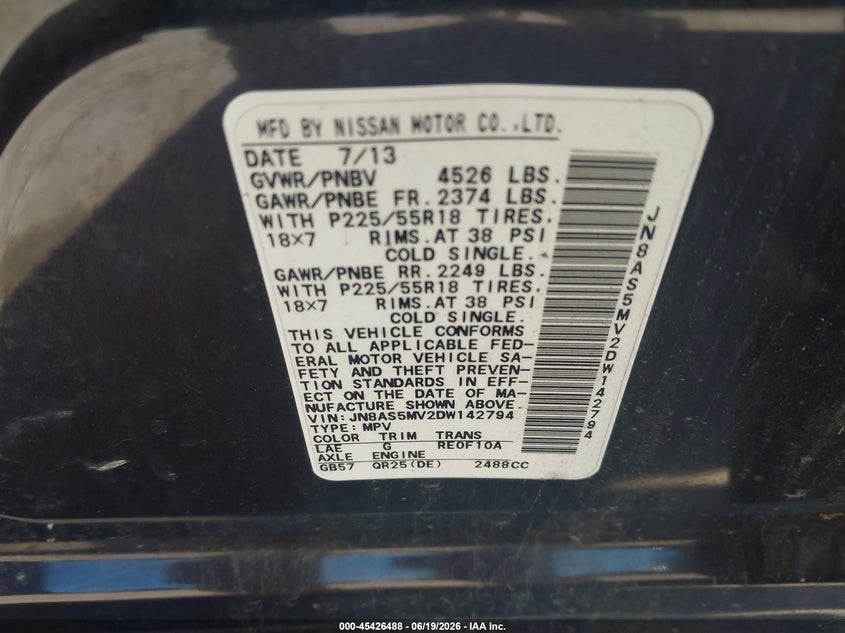 2013 Nissan Rogue VIN JN8AS5MV2DW142794 IAAI salvage auction — LEFT FRONT, Clear (Wisconsin), sold $450 on 2026-07-09 (photo 9)