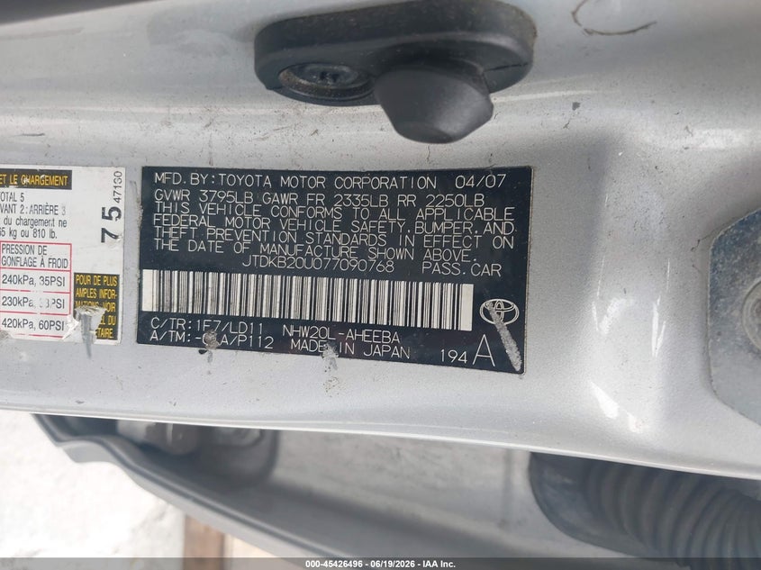 2007 Toyota Prius VIN JTDKB20U077090768 IAAI salvage auction — RIGHT REAR, Salvage (California), sold $450 on 2026-07-20 (photo 9)