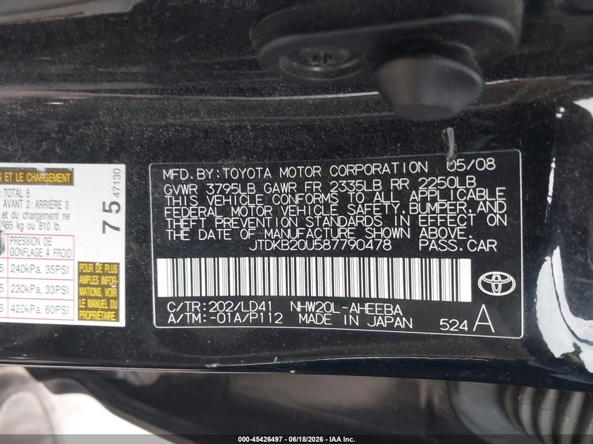 2008 Toyota Prius VIN JTDKB20U587790478 IAAI salvage auction — LEFT & RIGHT, Salvage (California), sold $675 on 2026-07-15 (photo 9)