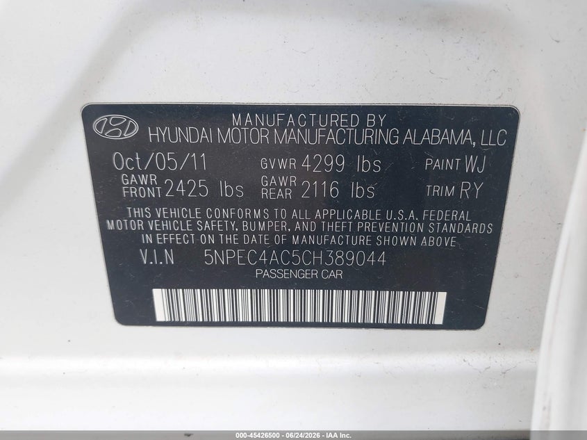 2012 Hyundai Sonata VIN 5NPEC4AC5CH389044 IAAI salvage auction — REAR END, Salvage (Indiana), sold $300 on 2026-07-28 (photo 9)