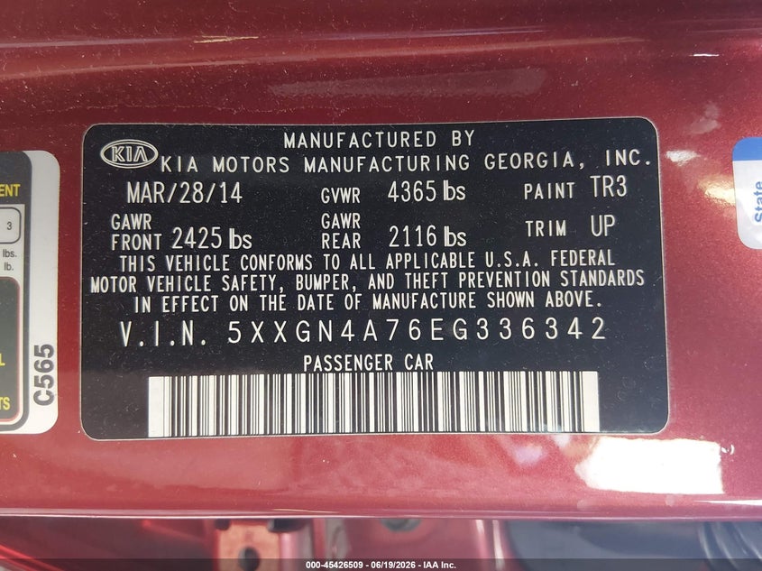 2014 Kia Optima VIN 5XXGN4A76EG336342 IAAI salvage auction — LEFT FRONT, Bill Of Sale (Washington), sold $2,650 on 2026-07-08 (photo 9)
