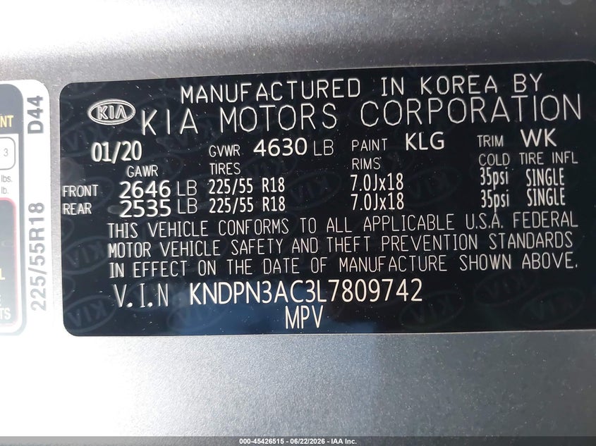 2020 Kia Sportage VIN KNDPN3AC3L7809742 IAAI salvage auction — FRONT END, Salvage Title, sold $1,100 on 2026-07-23 (photo 9)