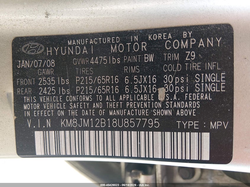 2008 Hyundai Tucson VIN KM8JM12B18U857795 IAAI salvage auction — NORMAL WEAR, Clear (Missouri), sold $625 on 2026-07-14 (photo 9)